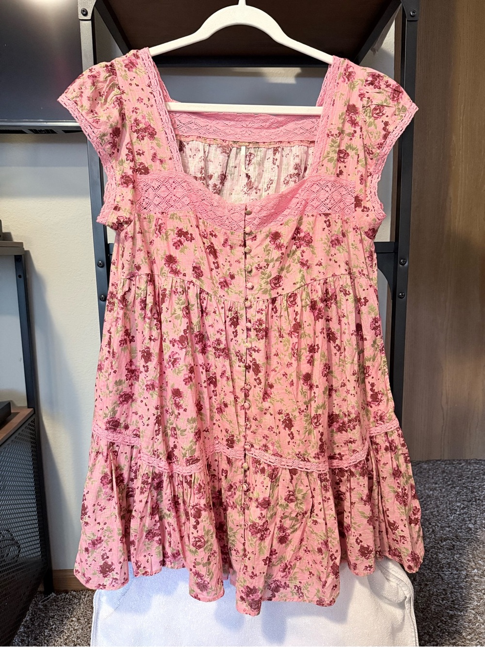 Free People Alessia Pink Floral Tiered Cotton Mini Dress